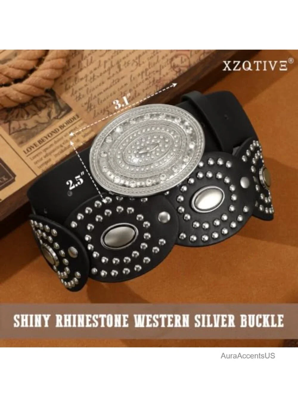 Wide Western Disc Belt | Faux Leather Concho Belt with Rhinestone Buckle for